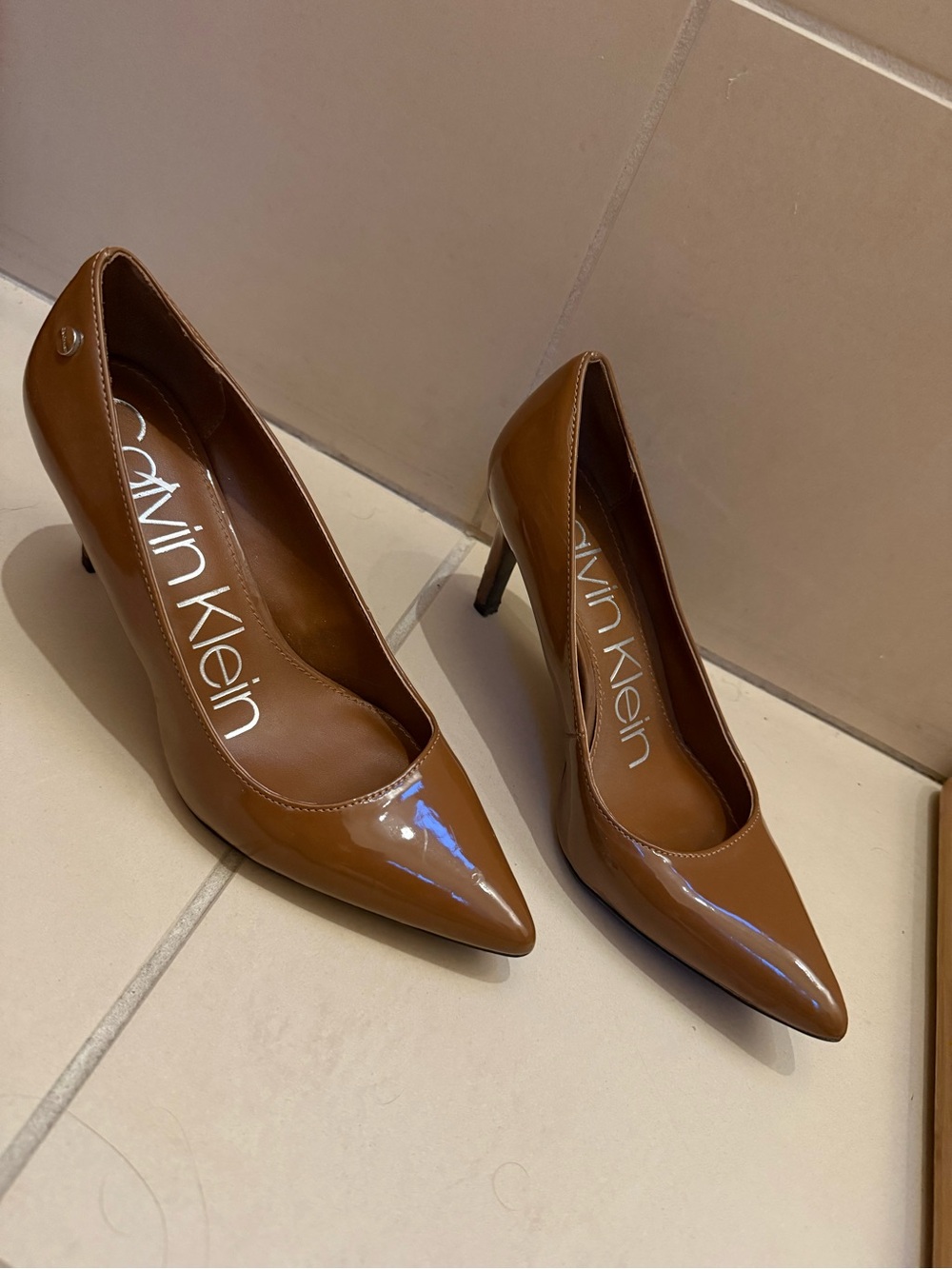 Calvin Klein Chocolate Brown Patent Pointed-Toe Pumps